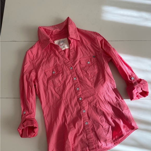 DAVID BITTON BUFFALO Pink Coral White Polka Dot Shirt Casual Button Up Fitted S - Picture 3 of 5